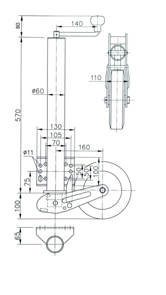 Podpěrné kolo poloautomatické Winterhoff, 400 kg, 225×70, č. 110381, nákres