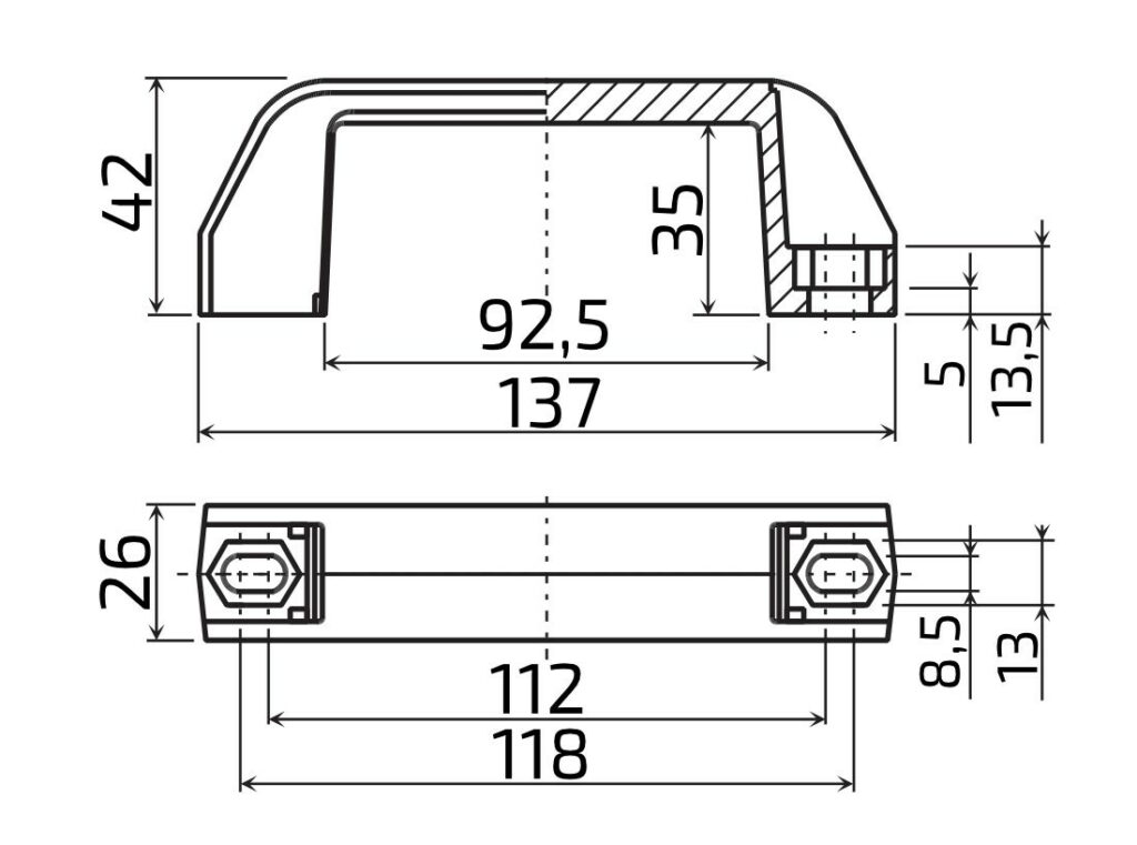 Madlo plastové 137 mm bez krytek šroubů, černé, č. 101445, nákres